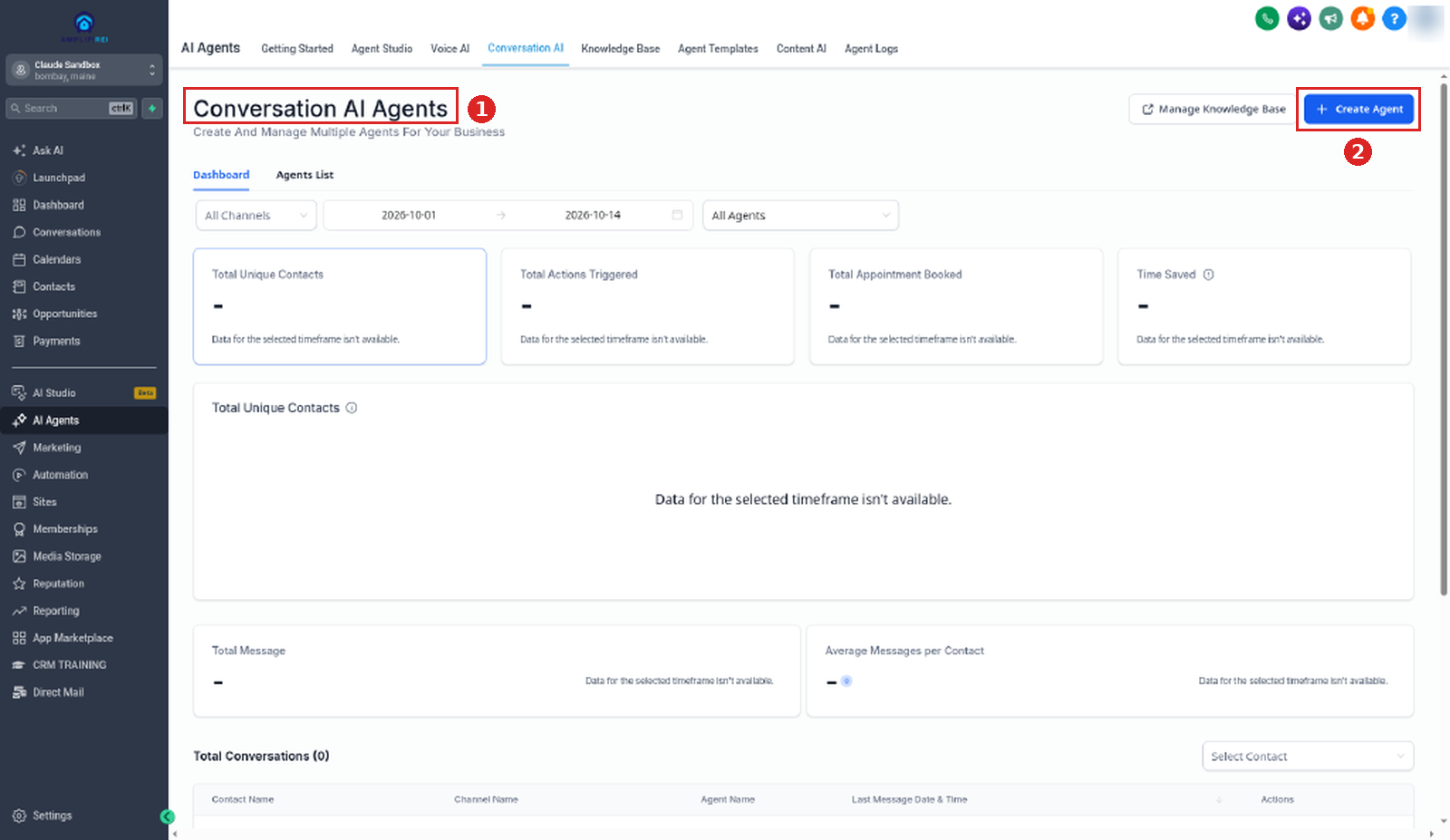 Conversation AI Agents page with the Create Agent button