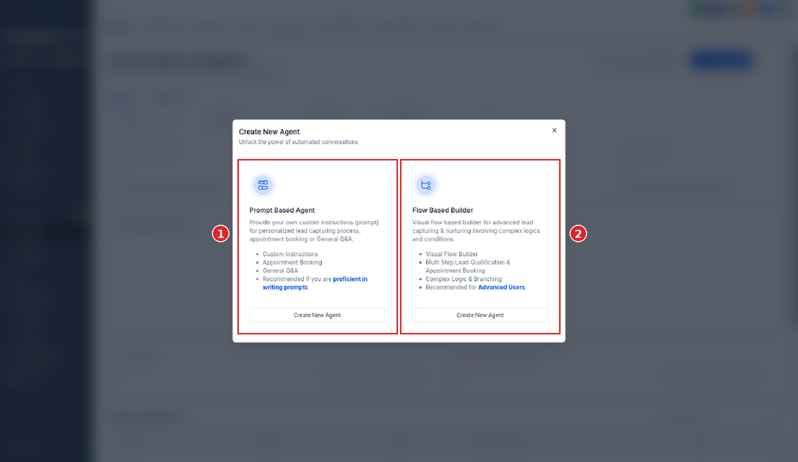 Create New Agent dialog with Prompt Based Agent and Flow Based Builder cards
