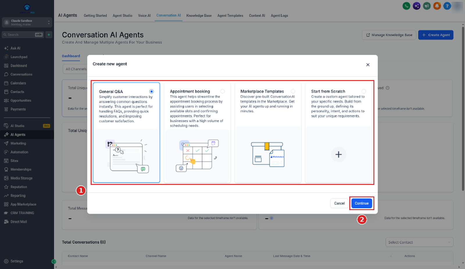 Create new agent dialog with General Q&A, Appointment booking, Marketplace Templates, Start from Scratch, and Continue