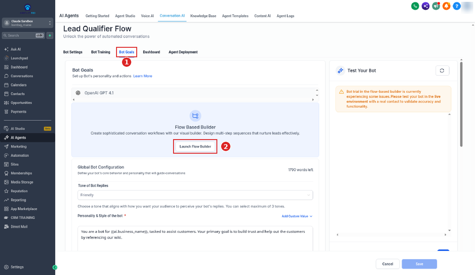 Flow Based agent on the Bot Goals tab with the Launch Flow Builder button