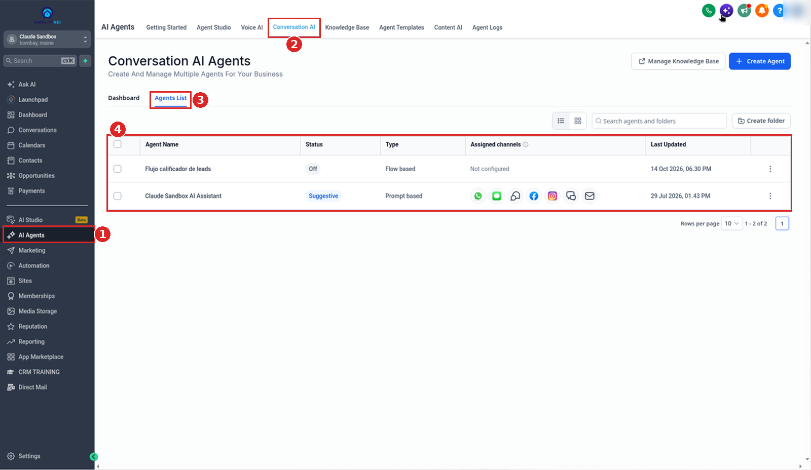 AI Agents, Conversation AI tab, Agents List sub-tab and the agents table