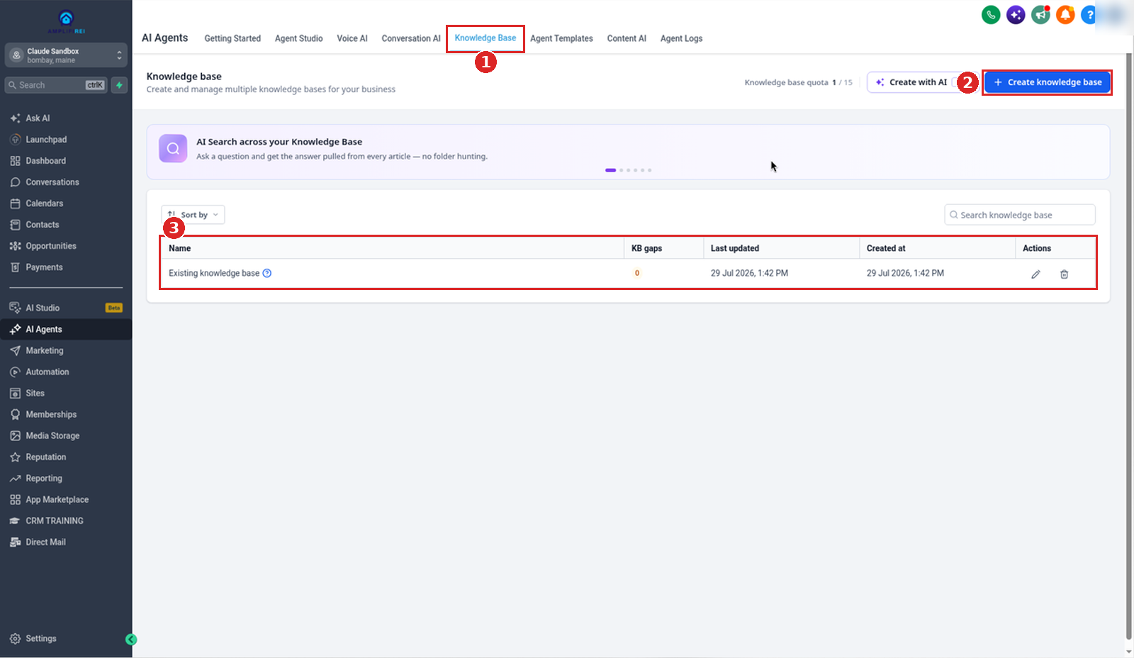 AI Agents Knowledge Base tab with the Create knowledge base button and the knowledge base list