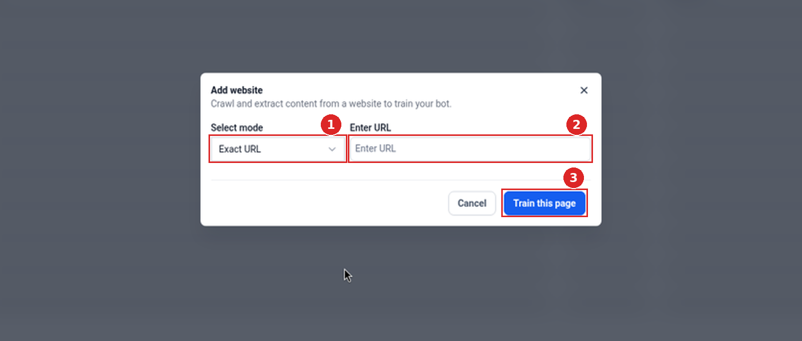 Add website pop-up with Select mode, Enter URL, Cancel and Train this page
