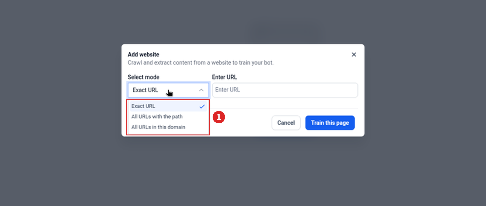 Select mode list: Exact URL, All URLs with the path, All URLs in this domain
