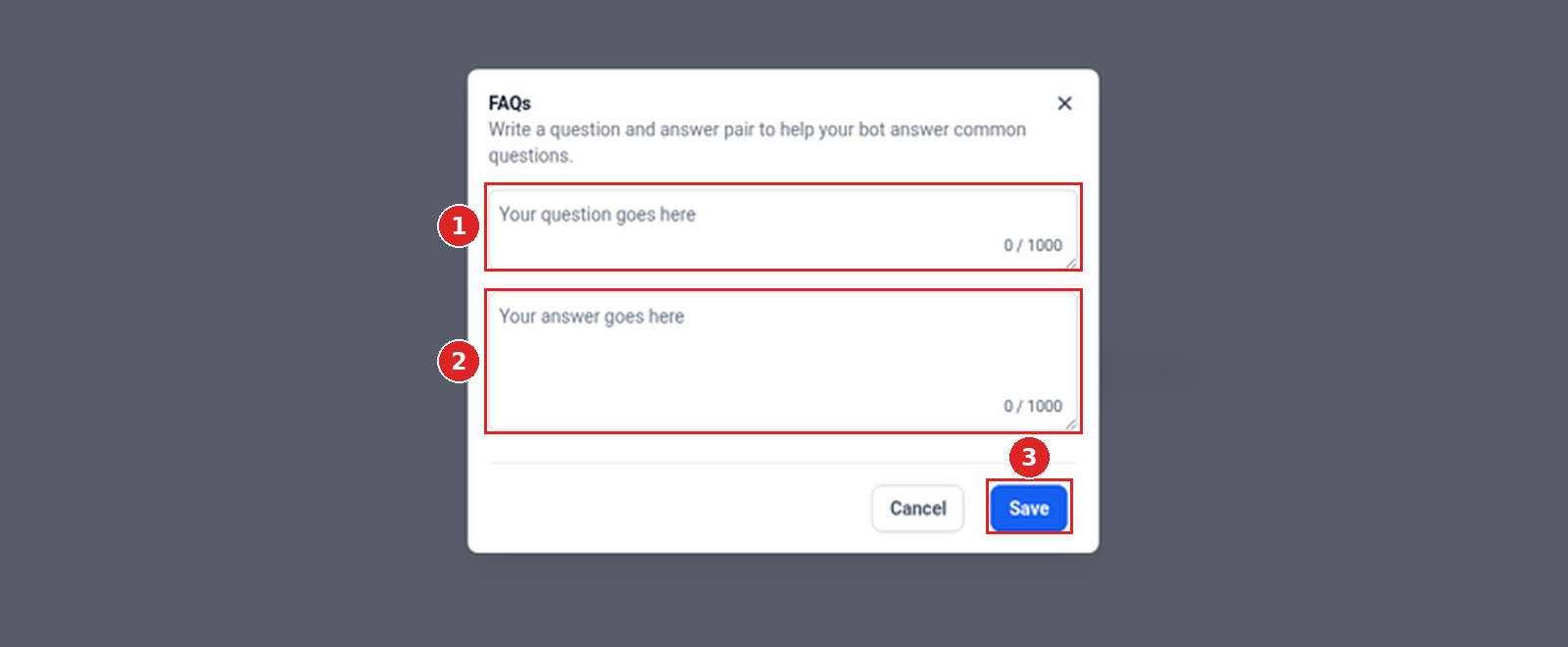 FAQs pop-up with question and answer fields and the Save button