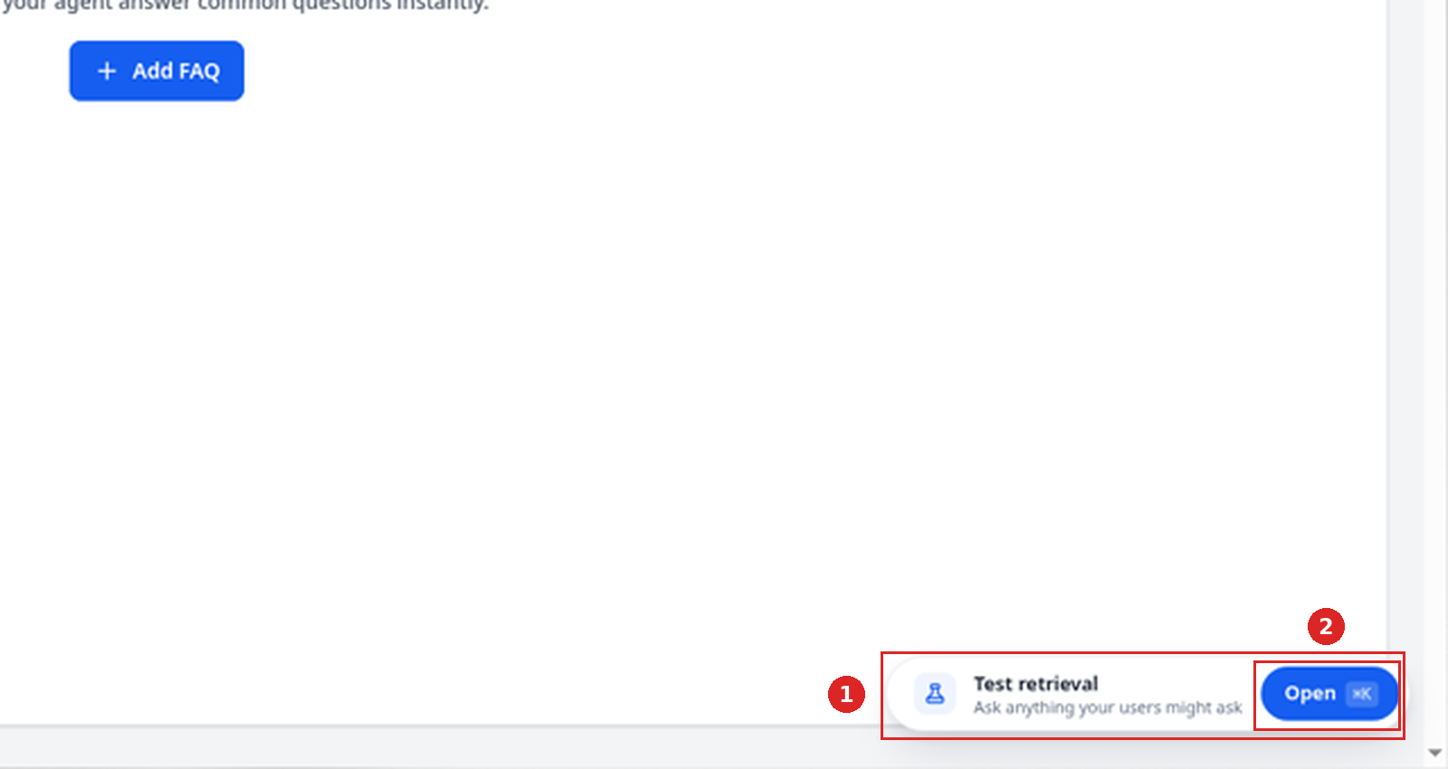 Test retrieval widget at the bottom right of the knowledge base page with its Open button