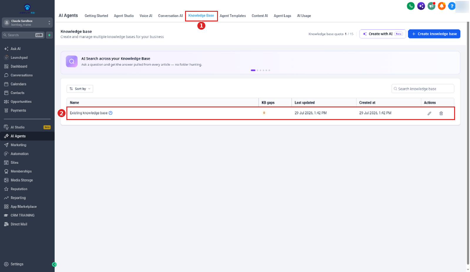 The Knowledge Base tab under AI Agents, listing the knowledge base Existing knowledge base
