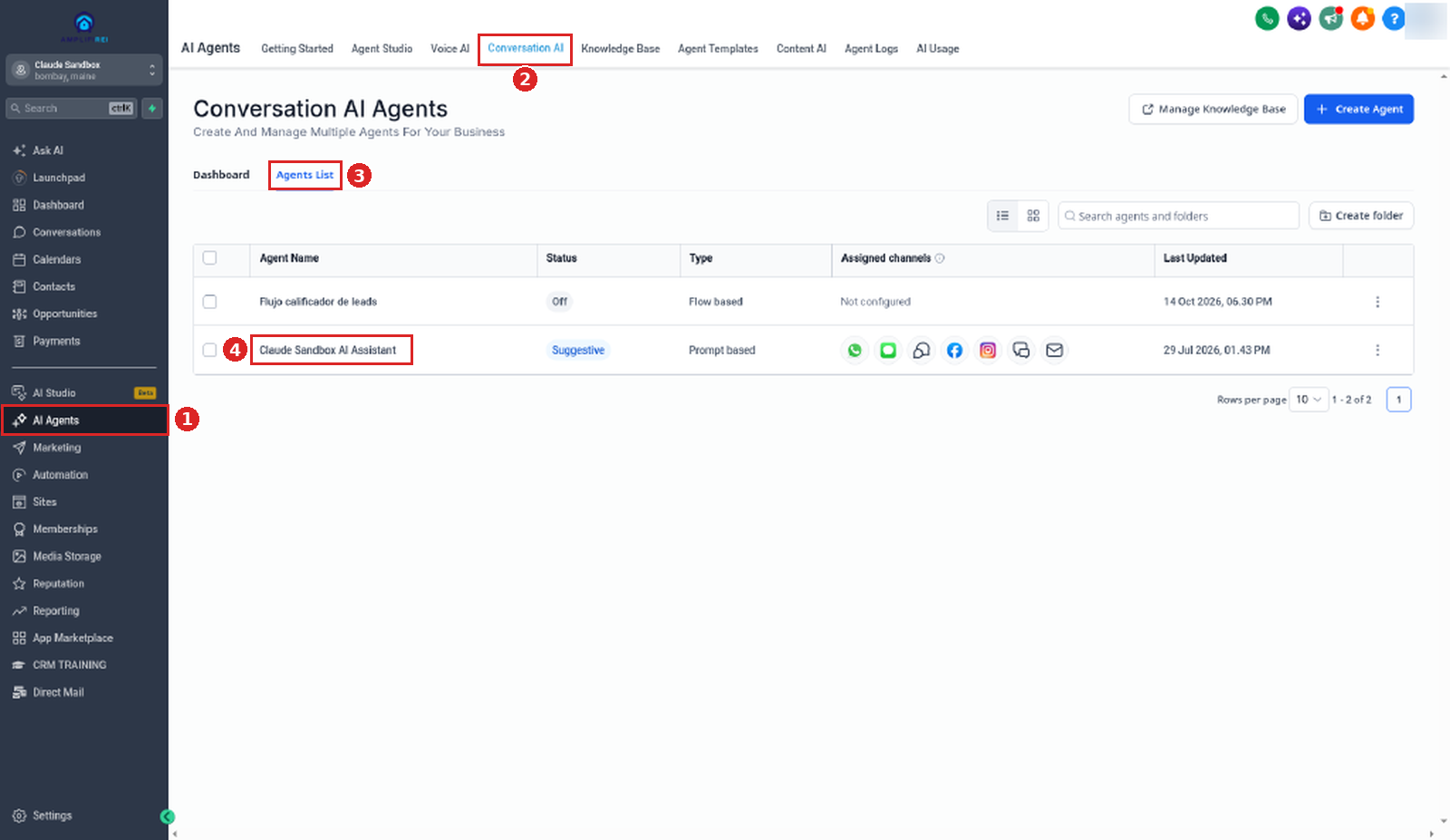 AI Agents, Conversation AI tab, Agents List, with the agent Claude Sandbox AI Assistant