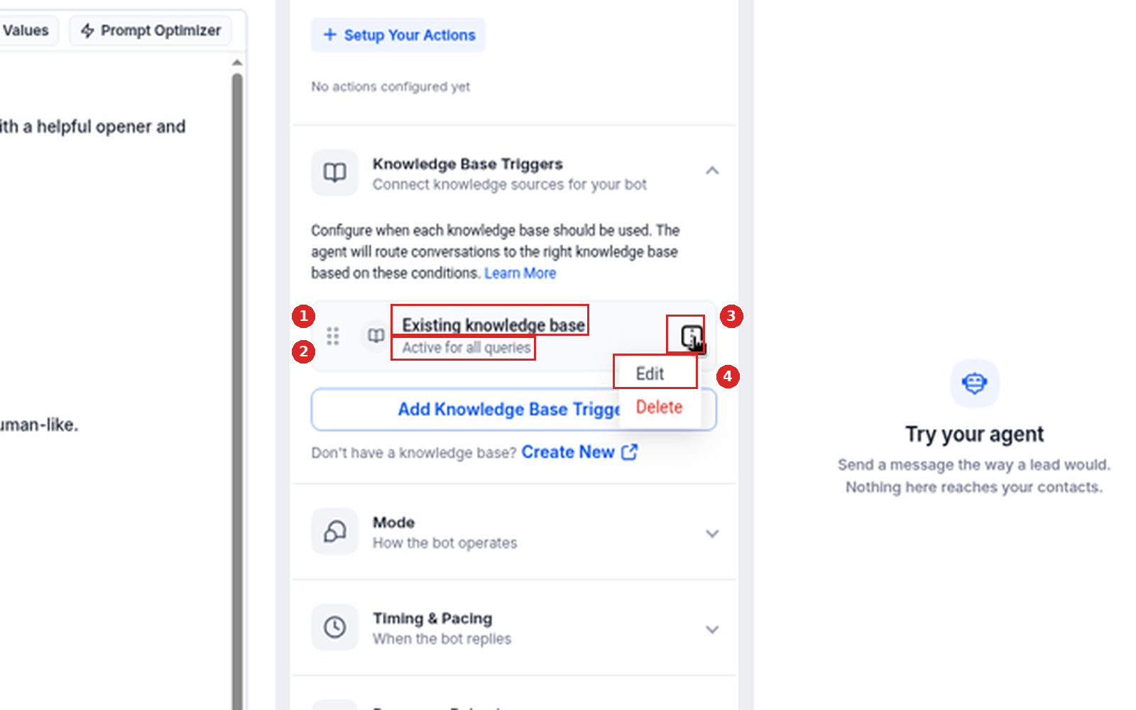 Knowledge Base Triggers row Existing knowledge base, Active for all queries, with its menu open showing Edit and Delete