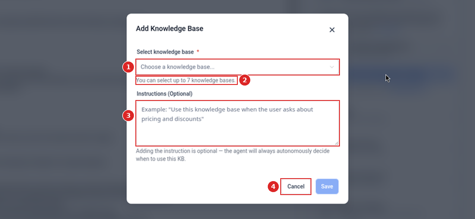 Add Knowledge Base pop-up with Select knowledge base, the up to 7 knowledge bases helper text, Instructions (Optional) and Cancel