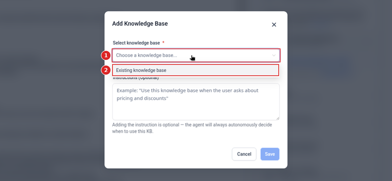 The Select knowledge base list open in the Add Knowledge Base pop-up, showing Existing knowledge base