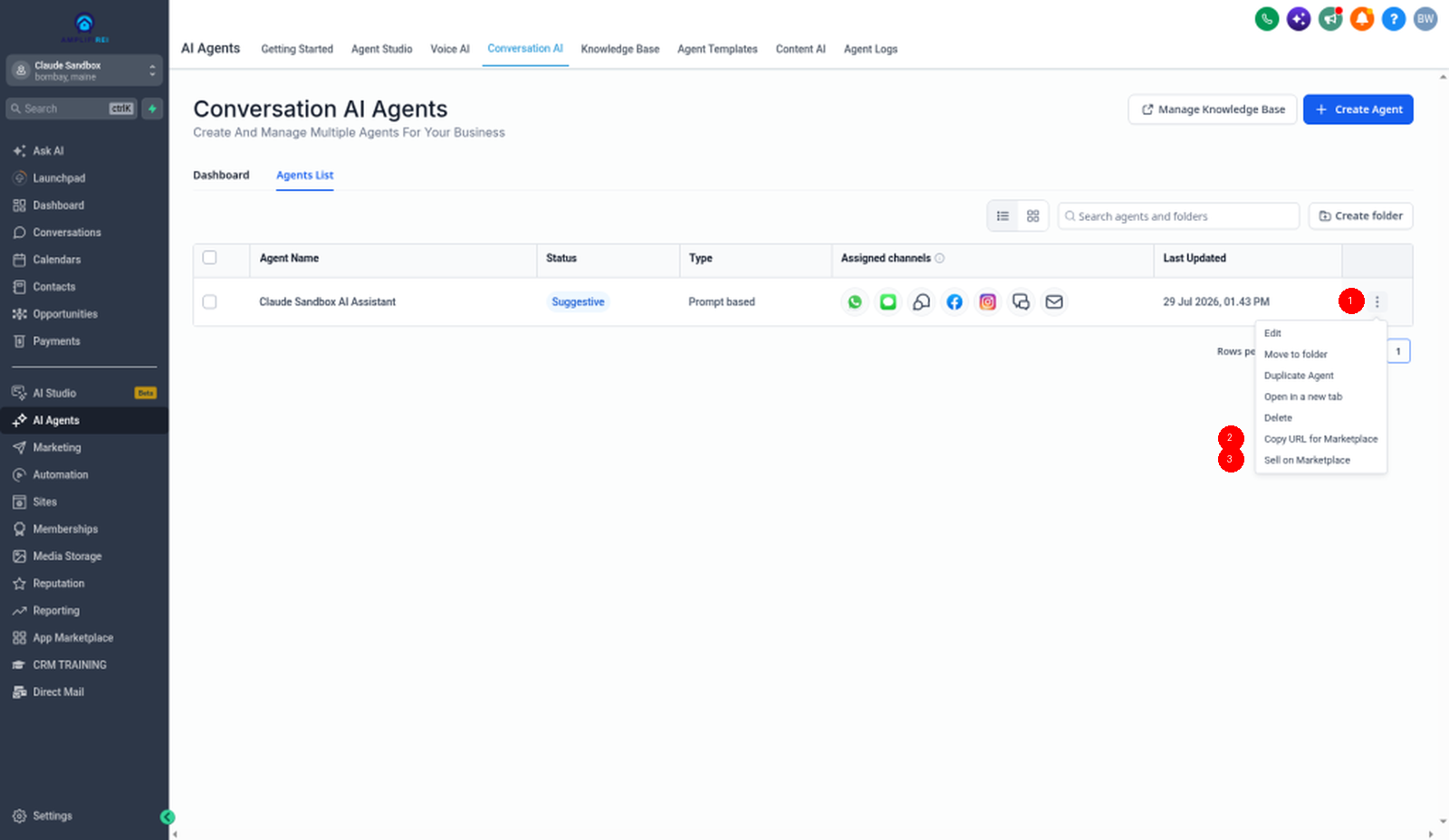 Conversation AI agent list with Copy URL for Marketplace and Sell on Marketplace menu open