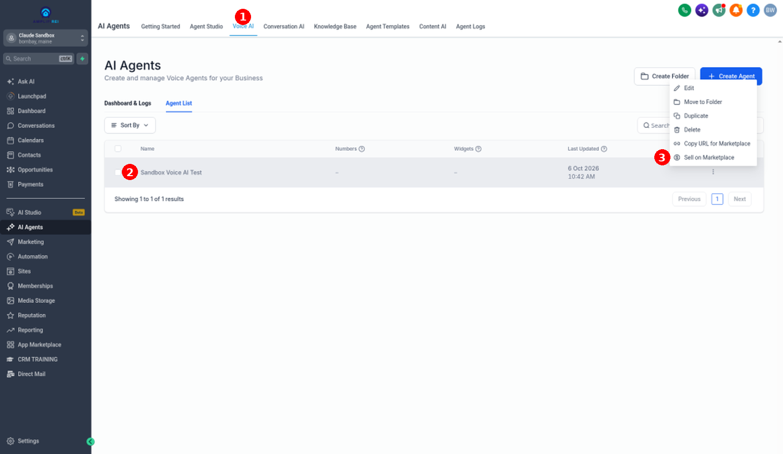Voice AI agent list with Sell on Marketplace menu open