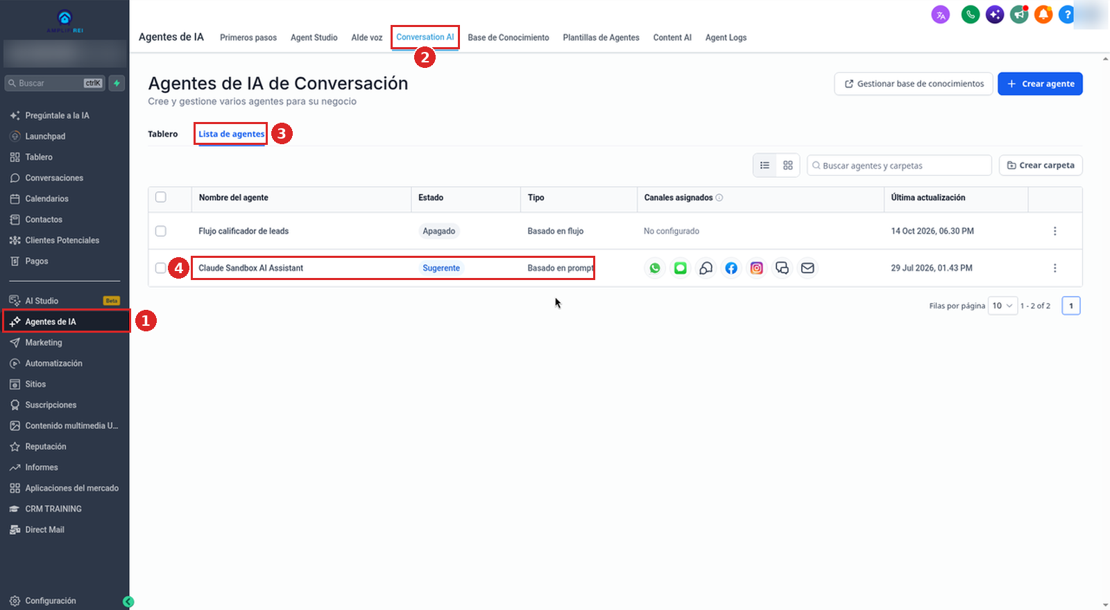 Agentes de IA → Conversation AI → Lista de agentes con el agente basado en prompts Claude Sandbox AI Assistant