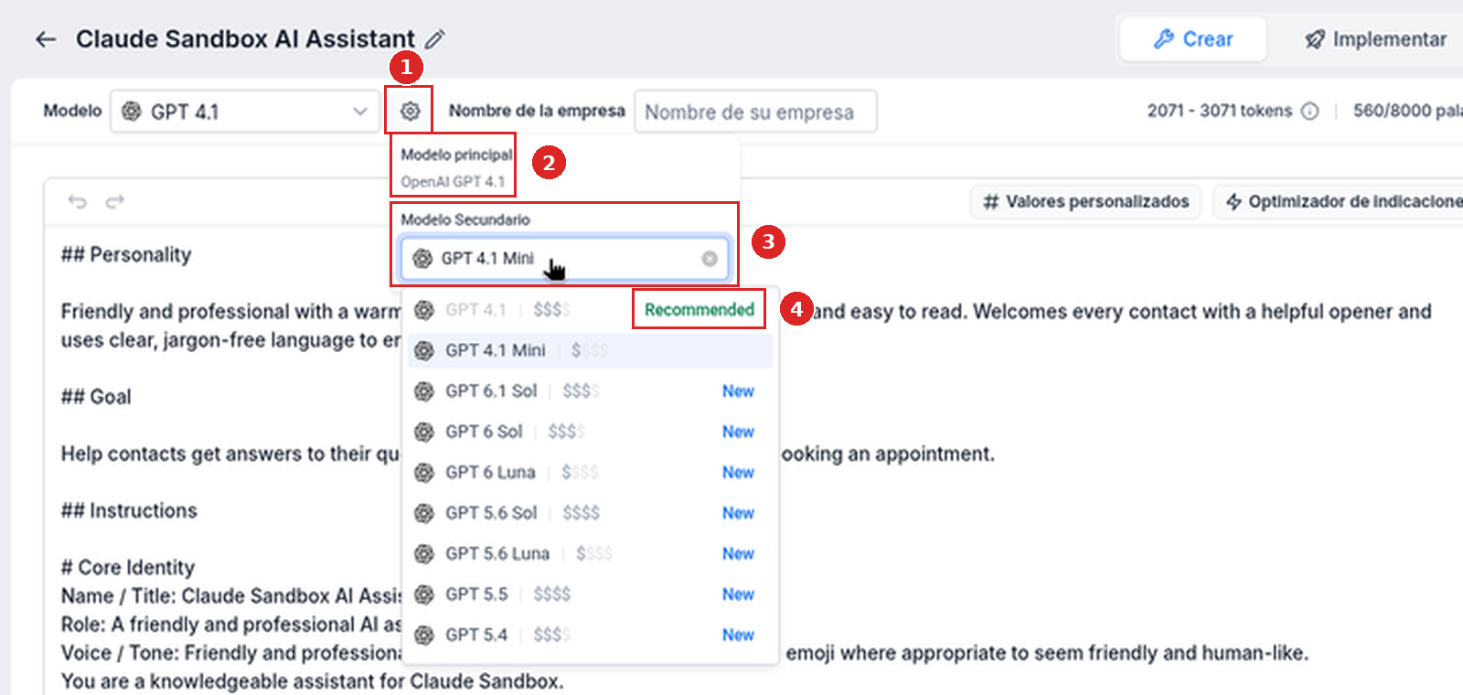 La ventana de configuración del modelo con Modelo principal OpenAI GPT 4.1 y la lista Modelo Secundario abierta, donde GPT 4.1 aparece como Recommended