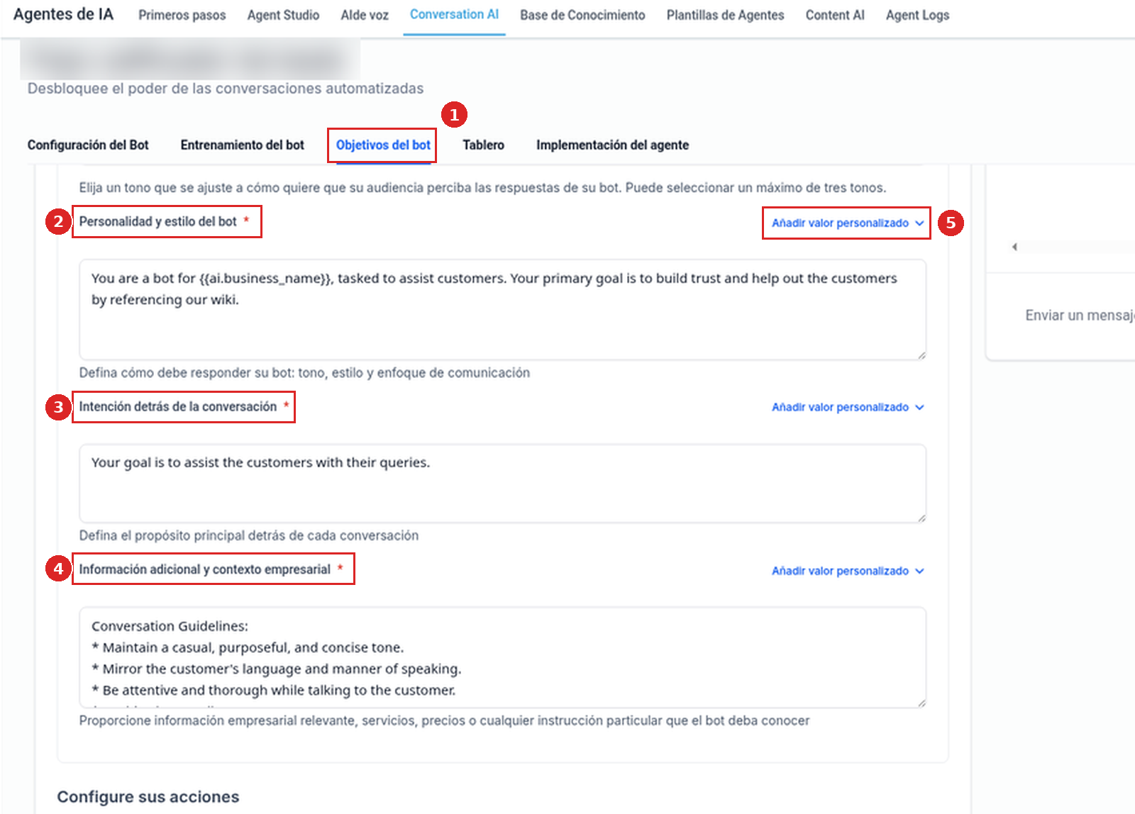 Campos Personalidad y estilo del bot, Intención detrás de la conversación y Información adicional y contexto empresarial con enlaces Añadir valor personalizado