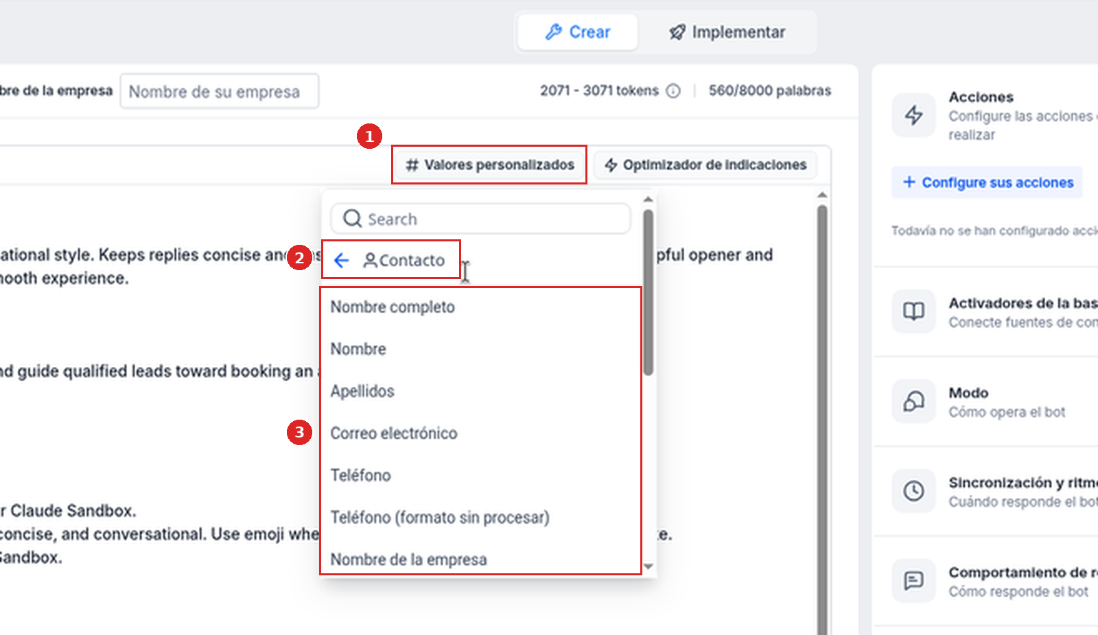 La lista Valores personalizados abierta encima del editor del prompt, con la categoría Contacto y sus valores Nombre completo, Nombre, Correo electrónico, Teléfono y más