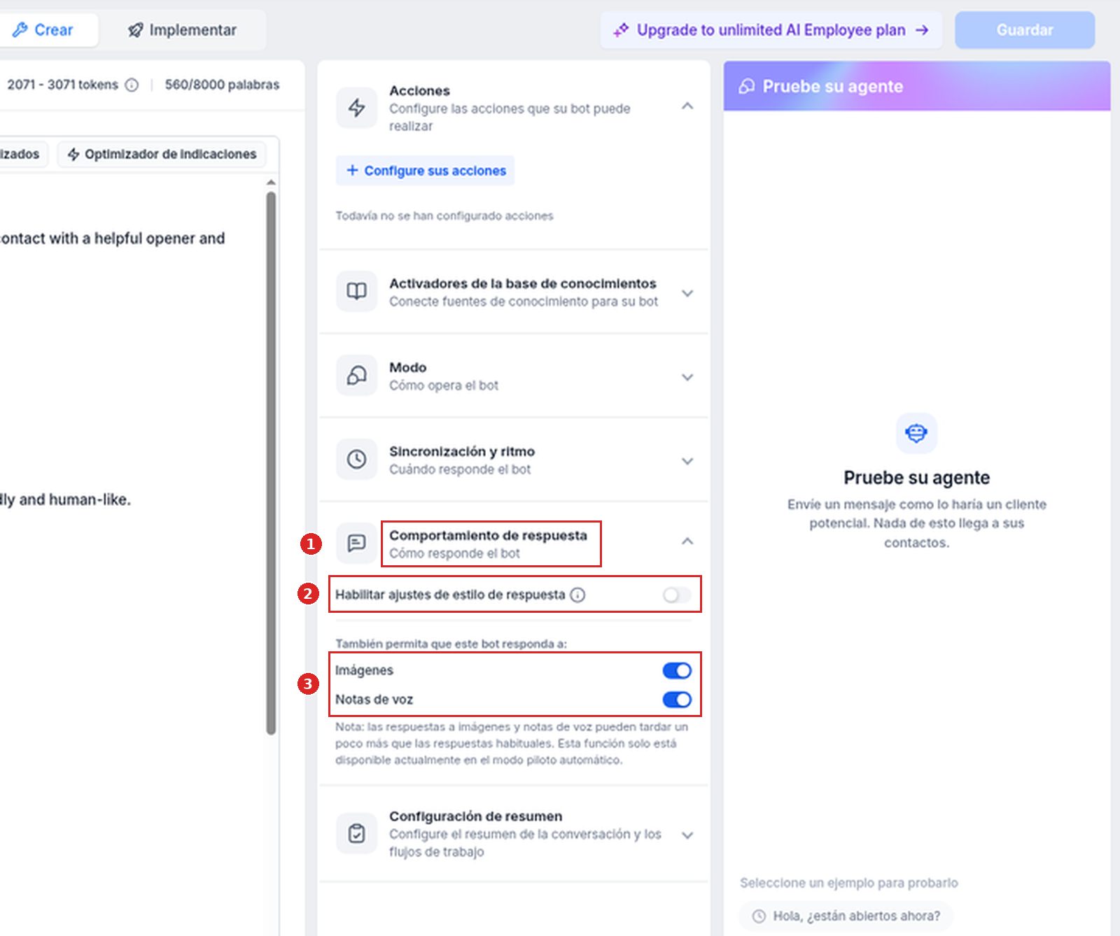 Comportamiento de respuesta abierto con el interruptor Habilitar ajustes de estilo de respuesta, Imágenes y Notas de voz