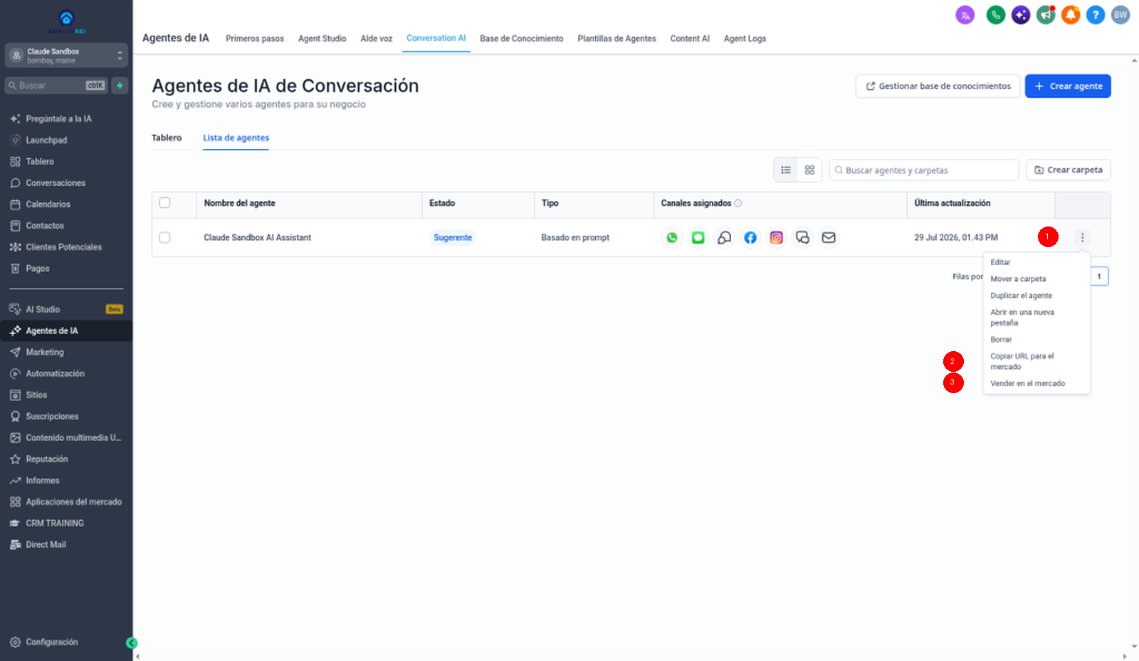 Lista de agentes de Conversation AI con Copiar URL para el mercado y Vender en el mercado