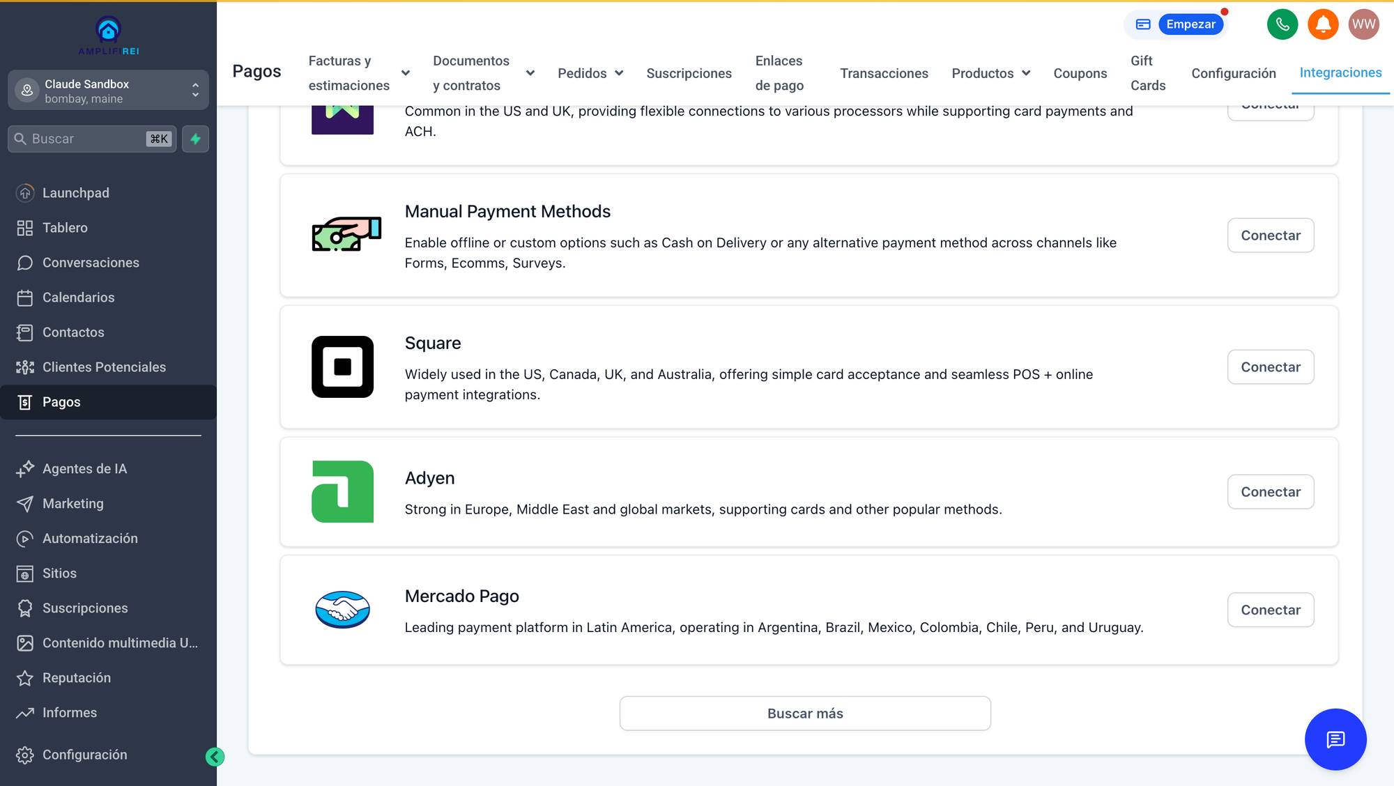 Mercado Pago disponible como proveedor de pago nativo en GoHighLevel, interfaz en español, con cobertura para México, Argentina, Brasil, Colombia, Chile, Perú y Uruguay